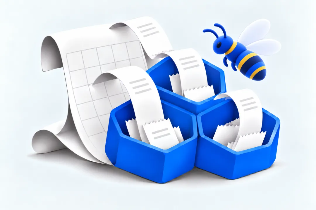 Receipts filed into honeycomb cells, with a bee